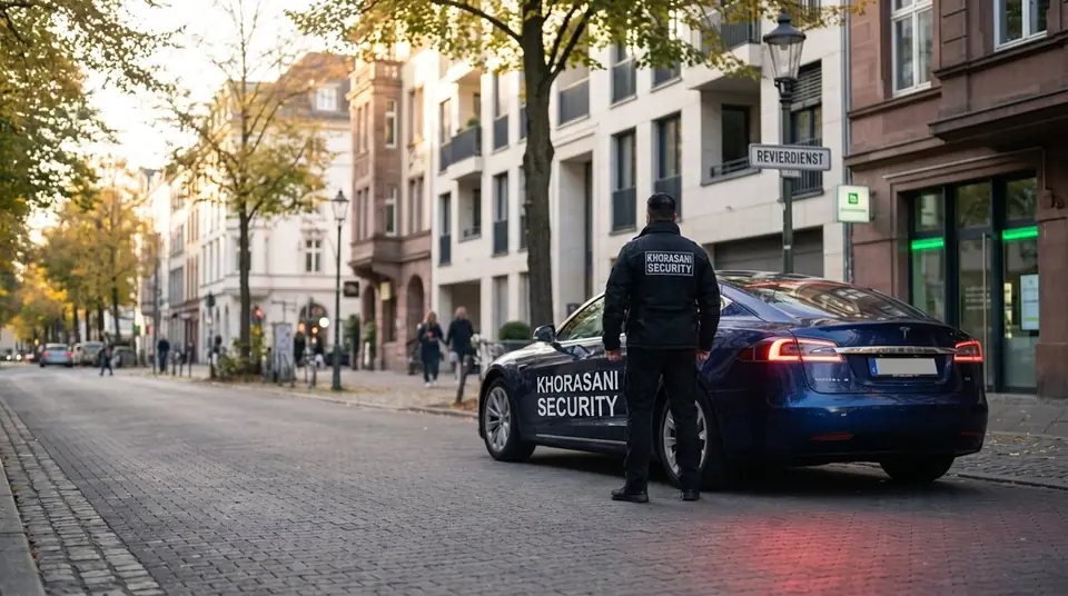 Symbolbild: Sicherheitskraft neben einem beschrifteten Auto in einer Wohnstraße